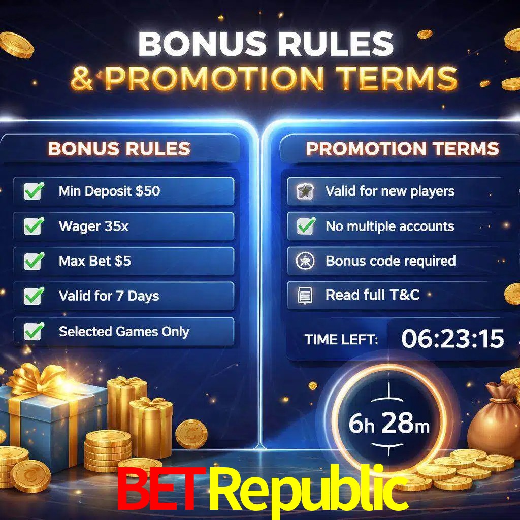Reglas de promoción BetRepublic y condiciones de bonos explicadas visualmente