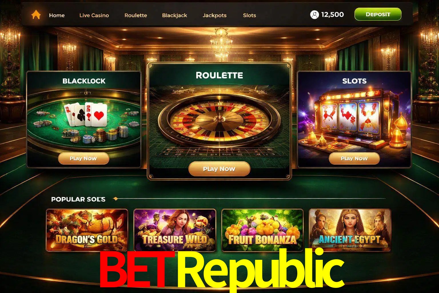 Vista de la plataforma BetRepublic Casino mostrando categorías organizadas de juegos en línea