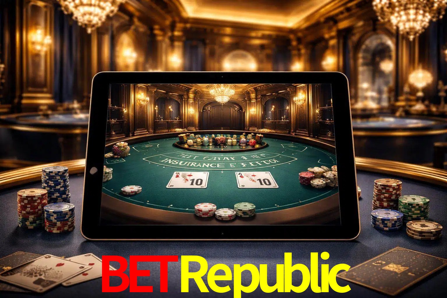 Configuración moderna de casino en vivo con una tableta mostrando una mesa de blackjack, luces cálidas de estudio y una atmósfera elegante de juegos digitales.