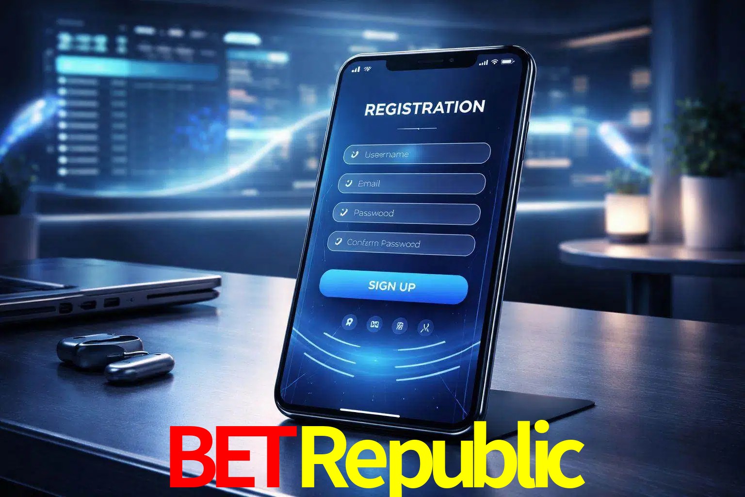 Una interfaz moderna de registro móvil para BetRepublic mostrada en un smartphone con un panel de apuestas elegante.